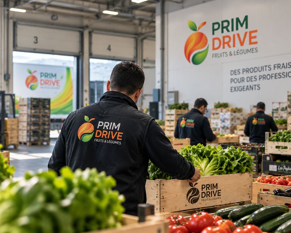 Équipe Prim Drive préparant les commandes de fruits et légumes dans l'entrepôt