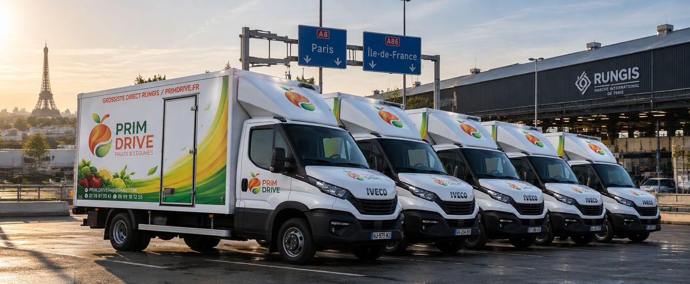Flotte de camions de livraison Prim Drive à Rungis, direction Paris et Île-de-France