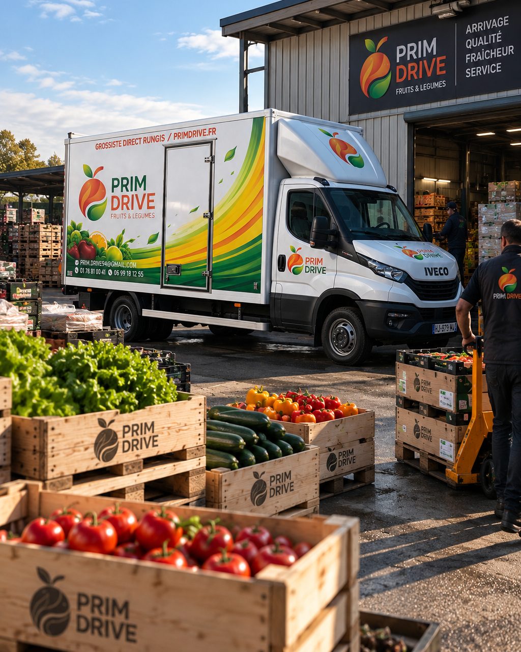 Camion de livraison Prim Drive chargé de cagettes de fruits et légumes frais