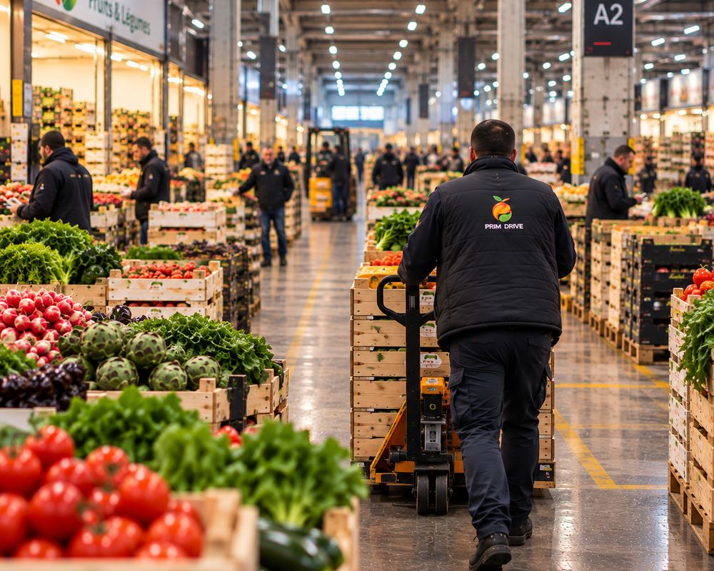 Halles du marché de Rungis, étals de fruits et légumes